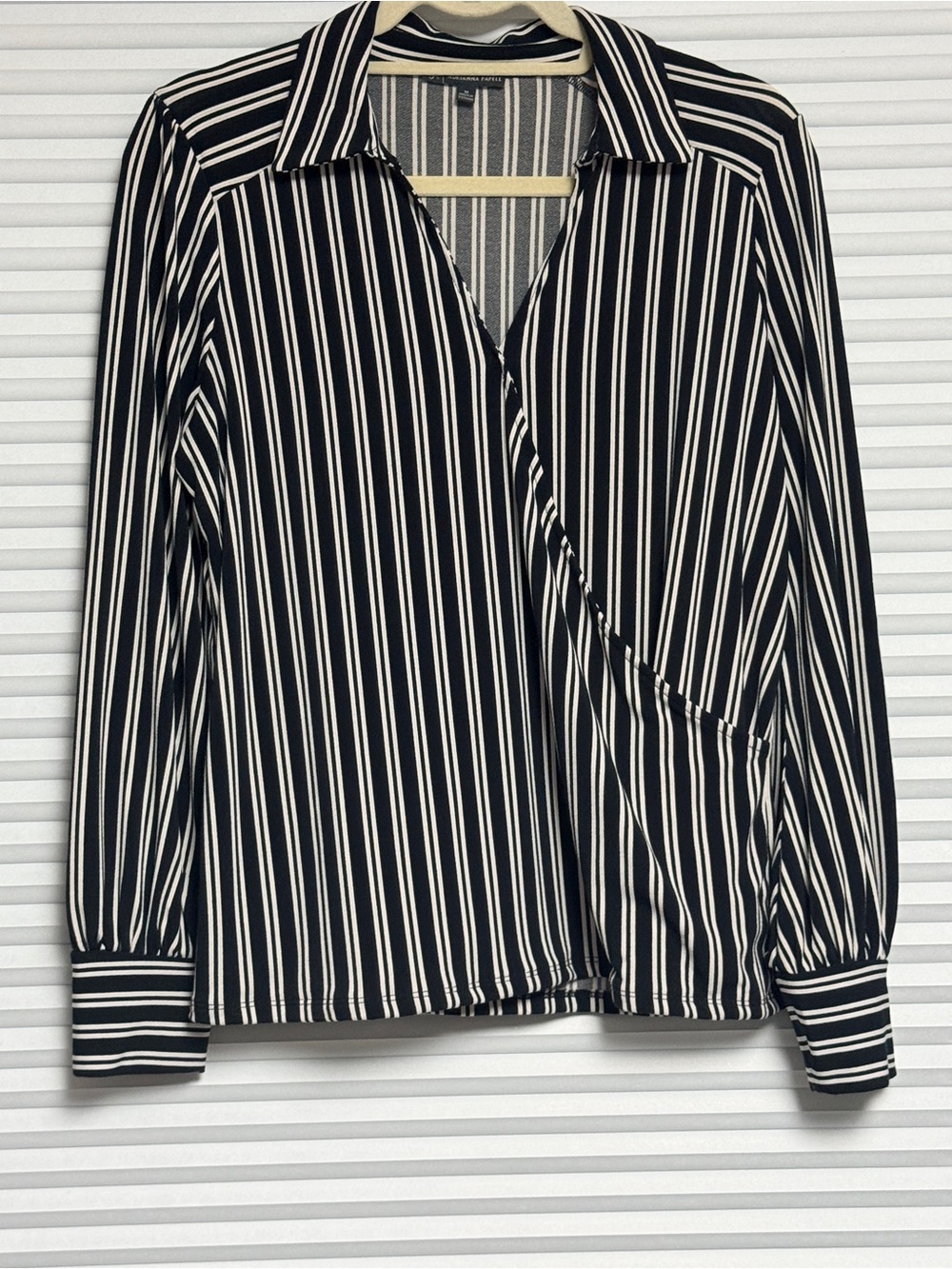 Adrianna Papell Black and White Vertical Stripe Wrap-Front Shirt